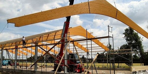 Eine Holzstruktur wird in einem Feld errichtet, umgeben von Gras und Bäumen, die den Bauprozess umrahmen.