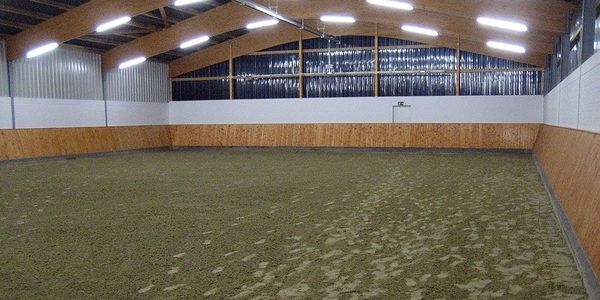 Große Indoor-Arena mit einem Erdboden, ideal für Veranstaltungen und Sportarten, die eine robuste Unterlage erfordern.